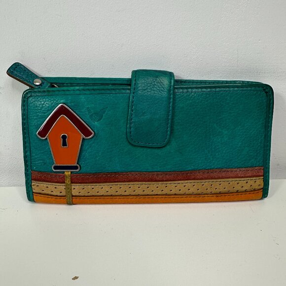 Fossil Birdhouse Wallet Teal Green Snap Button Credit Cards Bill Coins ID - Picture 1 of 13
